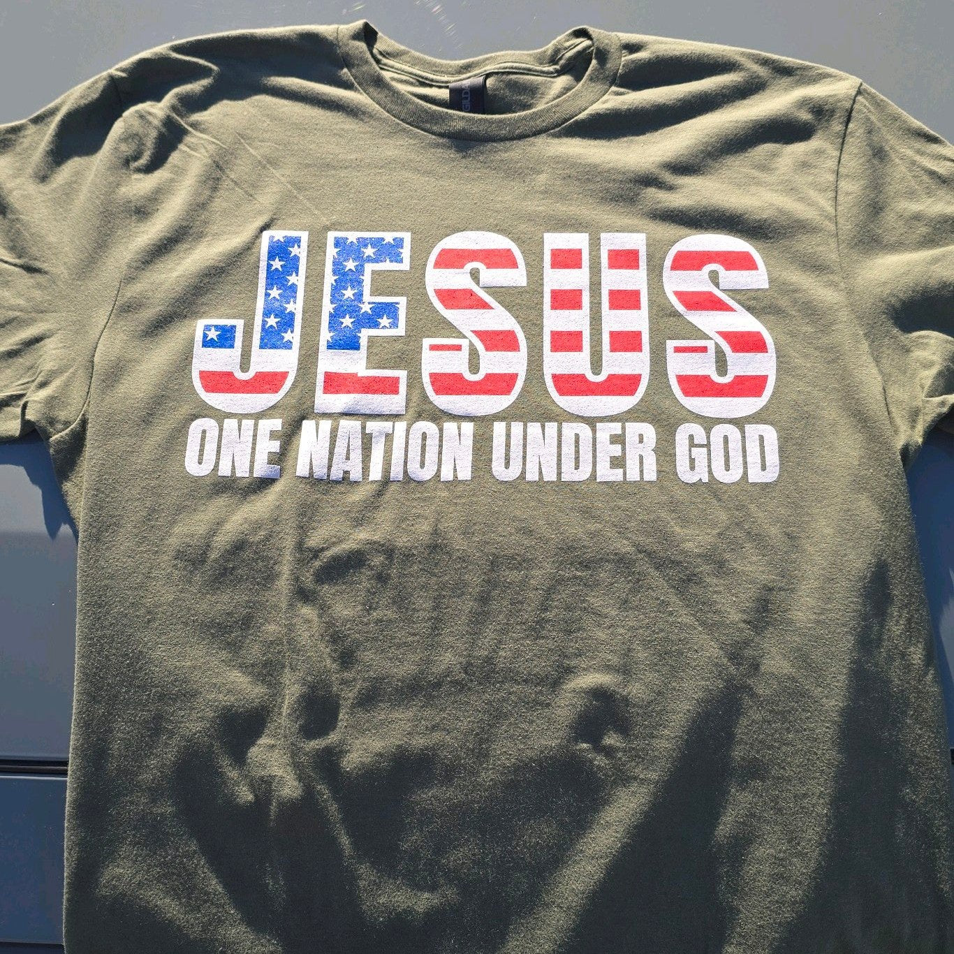 ONE NATION UNDER GOD-JESUS USA in military green.